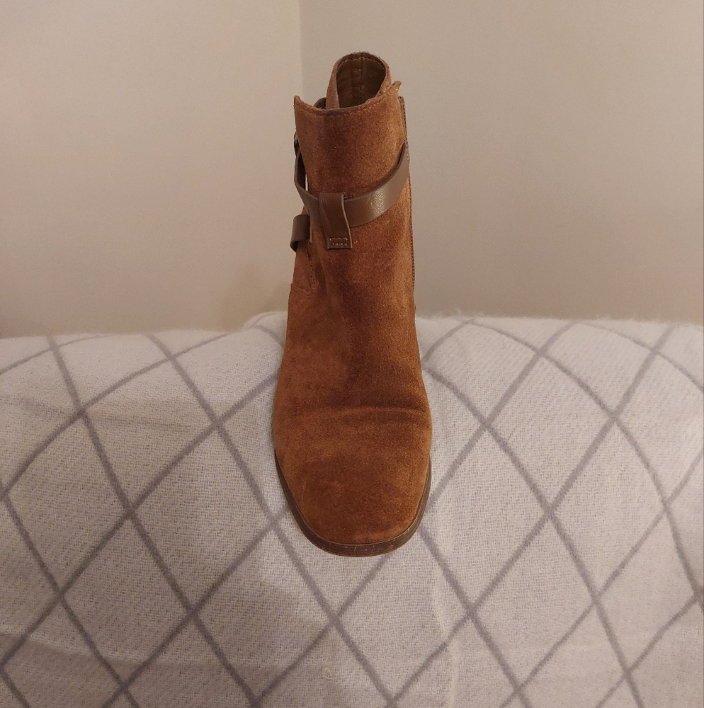 Tan Suede Heeled Boots with Rounded Toe